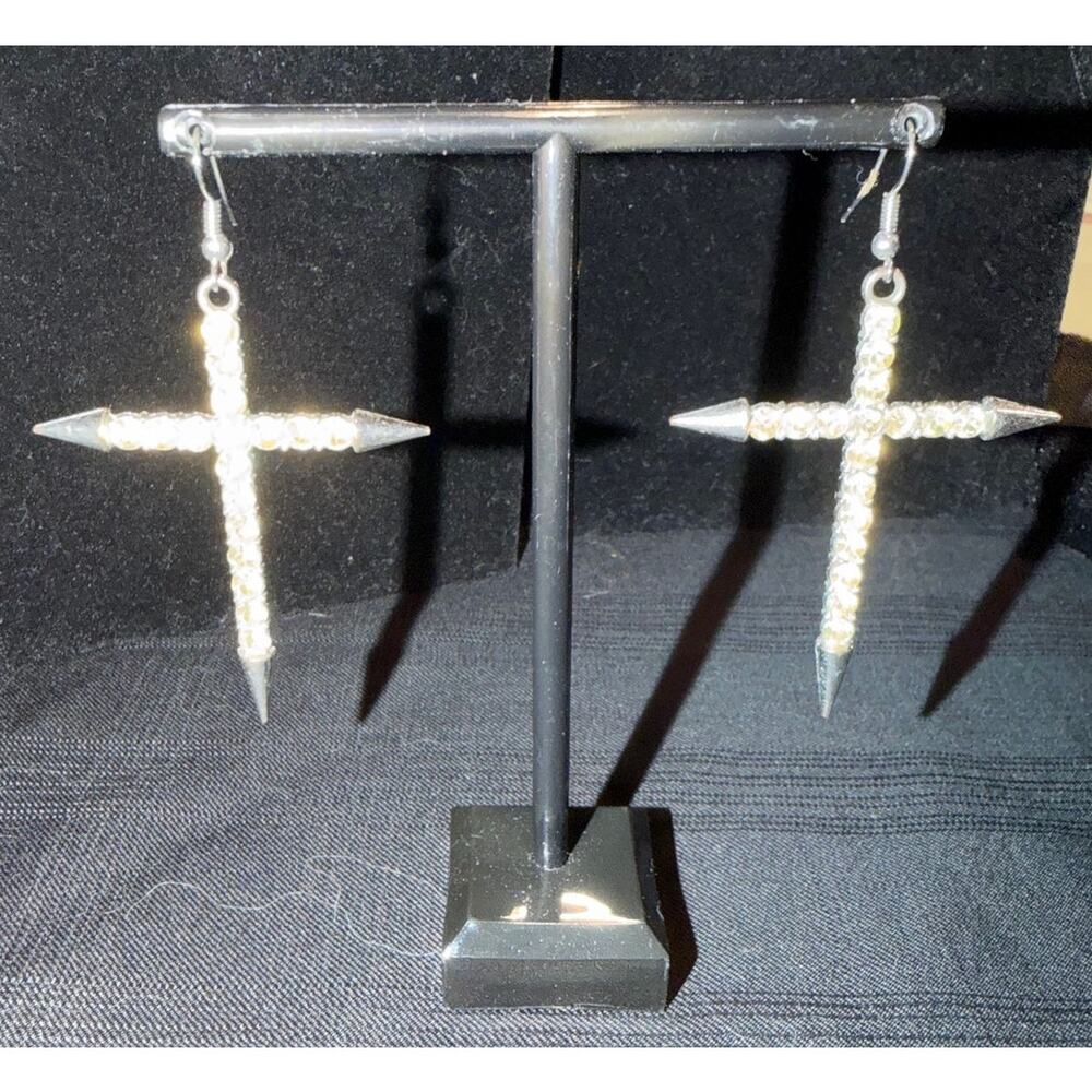 Cross dangle earrings yellow rhinestone with pointed, spike ends silver tone 3"